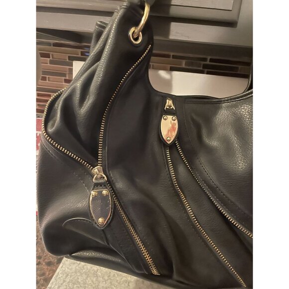 Just Fab Black Purse with Decorative Zippers, Brooklyn Bridge Purse 16" x 10"  L - Picture 2 of 11